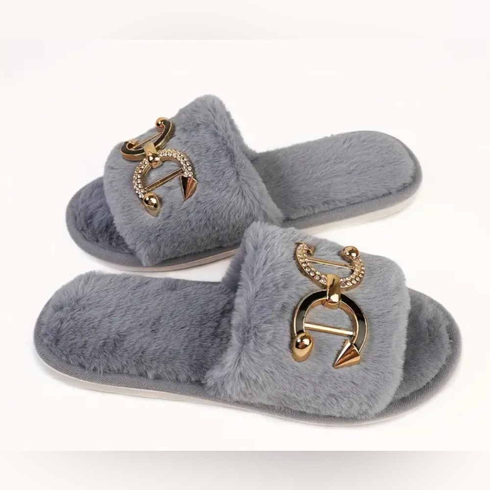 NEW $80 Faux Mink Fuzzy Slippers with Gold Accents